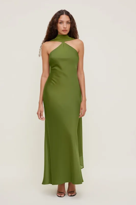 Halter Scarf Satin Maxi Dress - Dynamite - Green - Women Clothing made by Dynamite