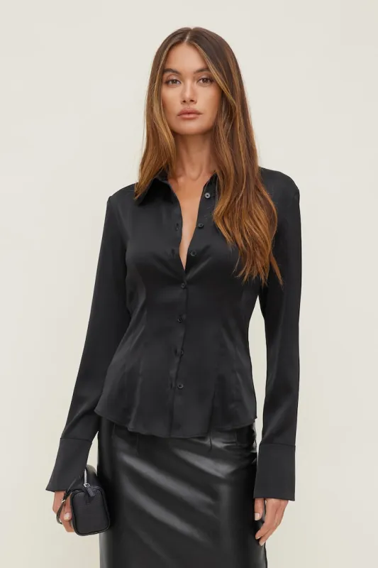 Kyra Satin Shirt - Dynamite - Black - Women Clothing made by Dynamite