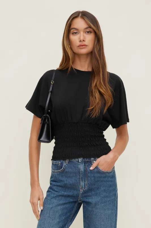 Smocked Cotton Spandex T Shirt - Dynamite - Black - Women Clothing made by Dynamite