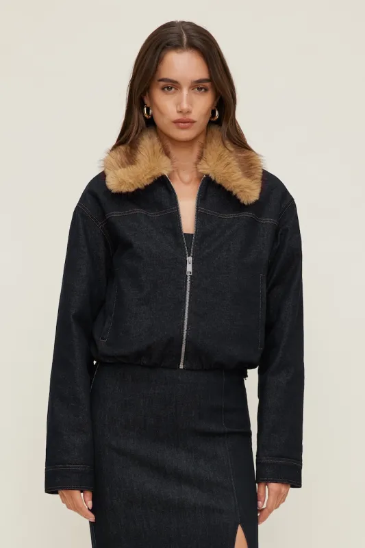 Faux Fur Collar Denim Aviator Jacket - Dynamite - Blue - Women Clothing made by Dynamite
