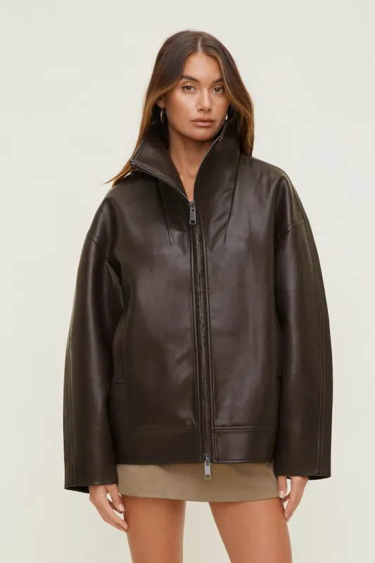 Cocoon Faux Leather Jacket - Dynamite - Brown - Women Clothing made by Dynamite
