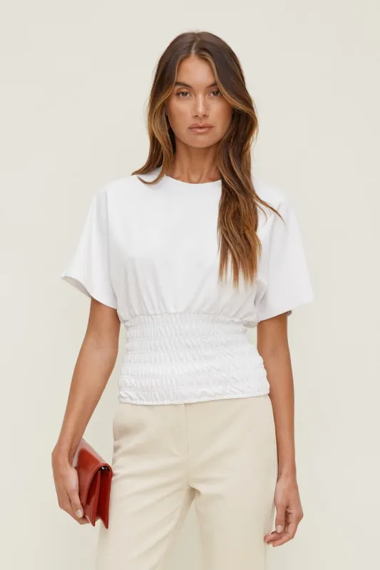 Smocked Cotton Spandex T Shirt - Dynamite - White - Women Clothing made by Dynamite