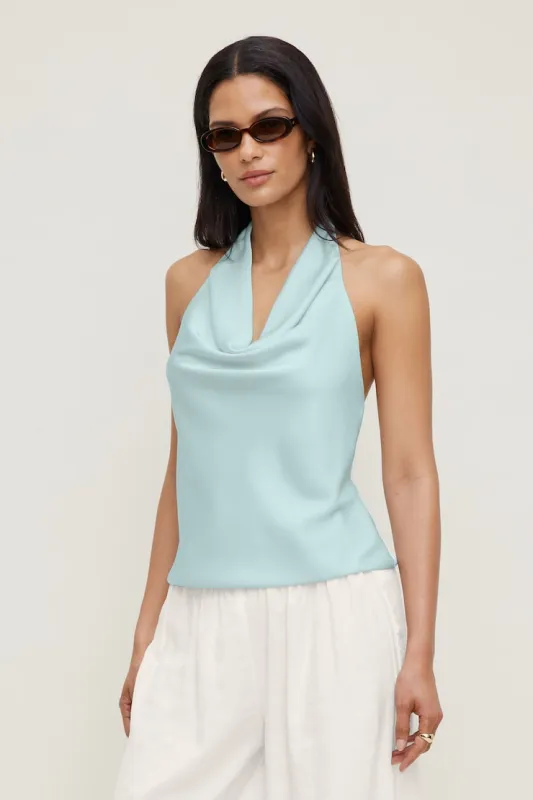Camila Satin Cowl Halter Neck Blouse - Dynamite - Blue - Women Clothing made by Dynamite