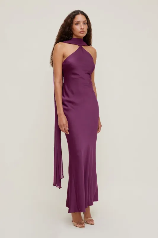 Halter Scarf Satin Maxi Dress - Dynamite - Purple - Women Clothing made by Dynamite