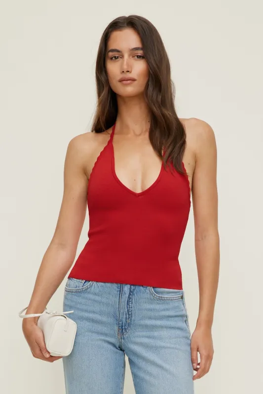 Scallop Trim Sweater Halter Top - Dynamite - Red - Women Clothing made by Dynamite
