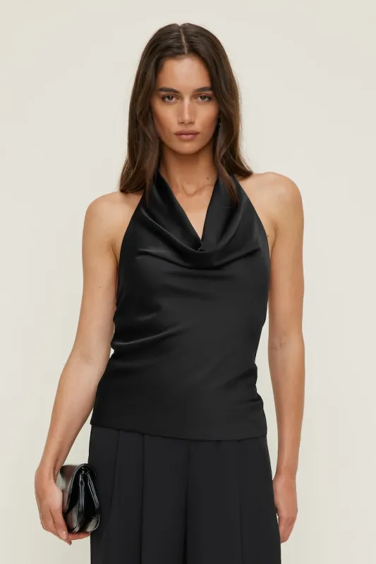 Camila Satin Cowl Halter Neck Blouse - Dynamite - Black - Women Clothing made by Dynamite