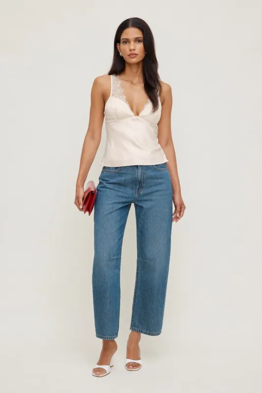 Mid Rise Barrel Leg Jeans - Dynamite - Blue - Women Clothing made by Dynamite