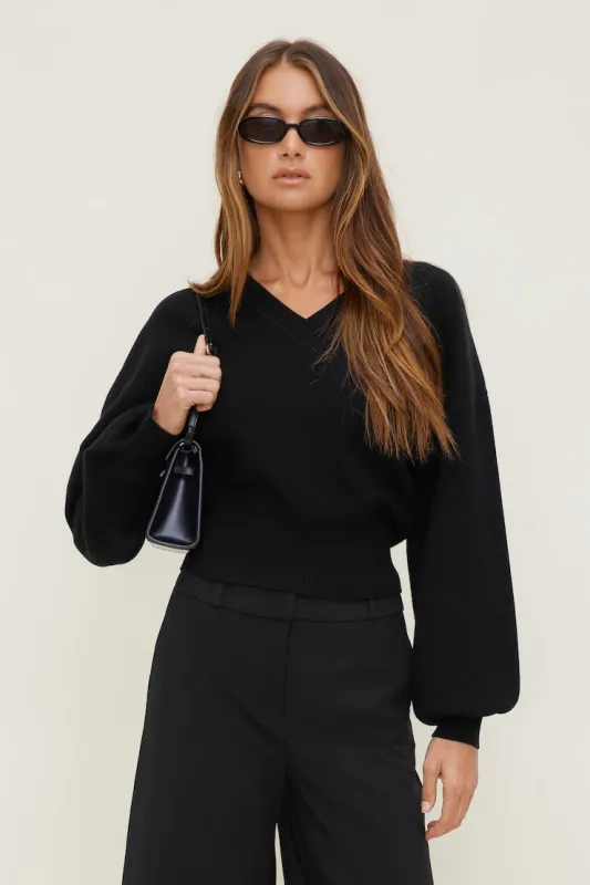 Cinched V Neck Sweater - Dynamite - Black - Women Clothing made by Dynamite