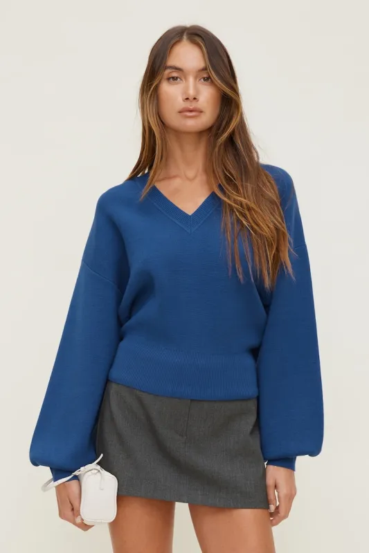 Cinched V Neck Sweater - Dynamite - Blue - Women Clothing made by Dynamite