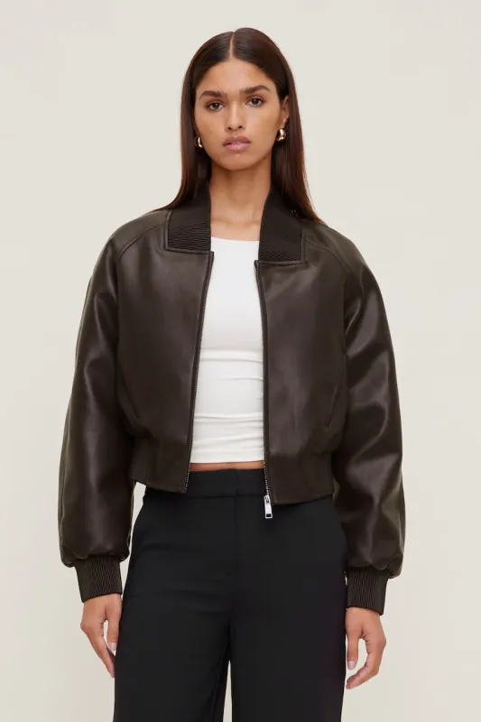 Ribbed Faux Leather Bomber Jacket - Dynamite - Brown - Women Clothing made by Dynamite