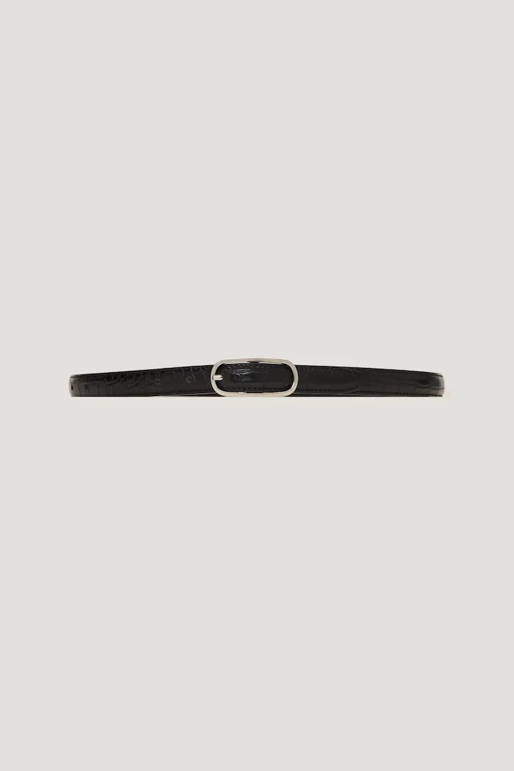 Oval Super Slim Faux Leather Belt - Dynamite - Black - Women Clothing sold by Dynamite