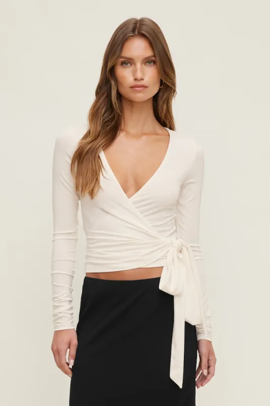Wrap Long Sleeve Top - Dynamite - Beige - Women Clothing made by Dynamite