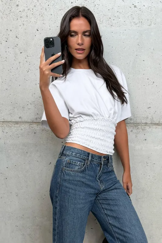 Smocked Cotton Spandex T Shirt - Dynamite - White - Women Clothing made by Dynamite