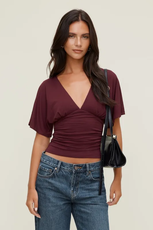 Plunge Flutter Sleeve Top - Dynamite - Burgundy - Women Clothing made by Dynamite