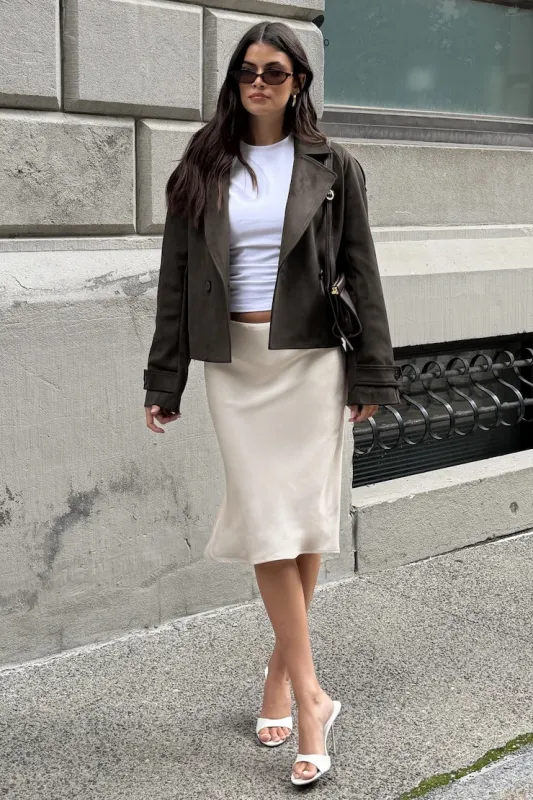 Esther Satin Midi Skirt - Dynamite - Beige - Women Clothing made by Dynamite