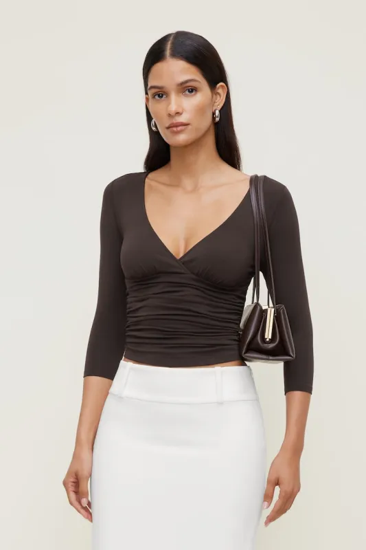 Morgan Plunge 3/4 Sleeve Top - Dynamite - Brown - Women Clothing made by Dynamite