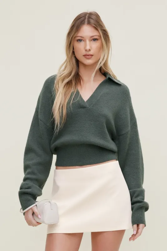Audrey Cinched Polo Sweater - Dynamite - Green - Women Clothing made by Dynamite