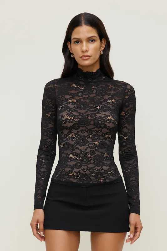 Lace Mock Neck Top - Dynamite - Black - Women Clothing made by Dynamite
