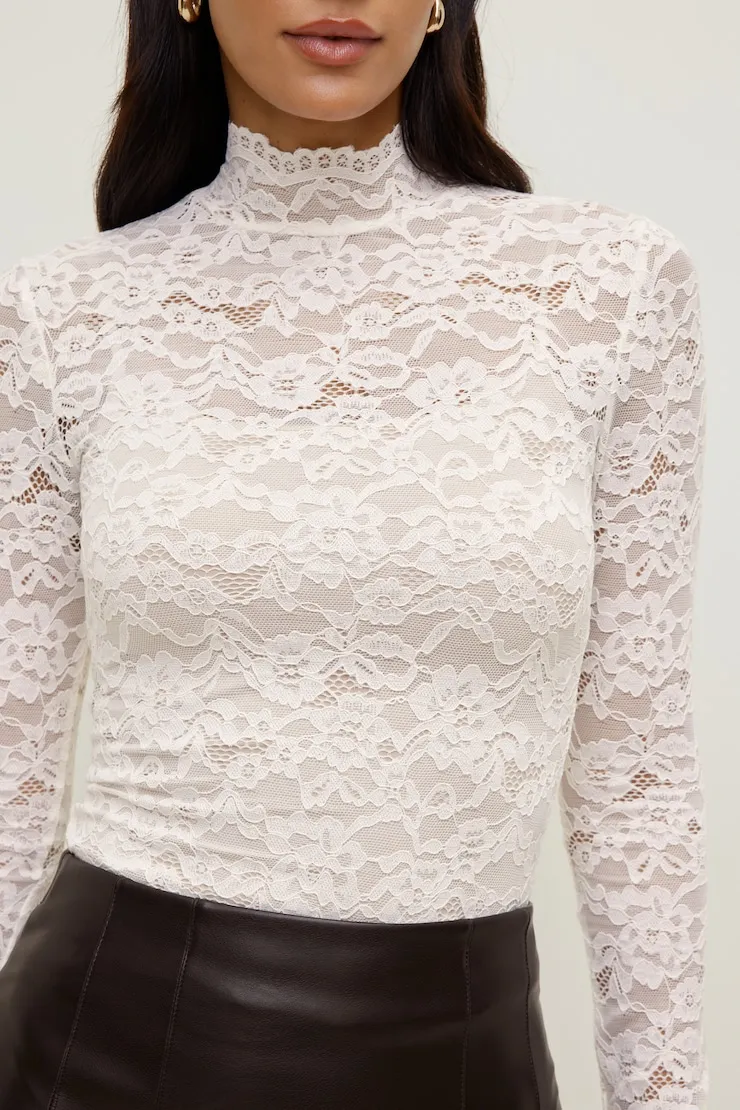 Lace Mock Neck Top - Dynamite - Beige - Women Clothing sold by Dynamite product image thumbnail 5