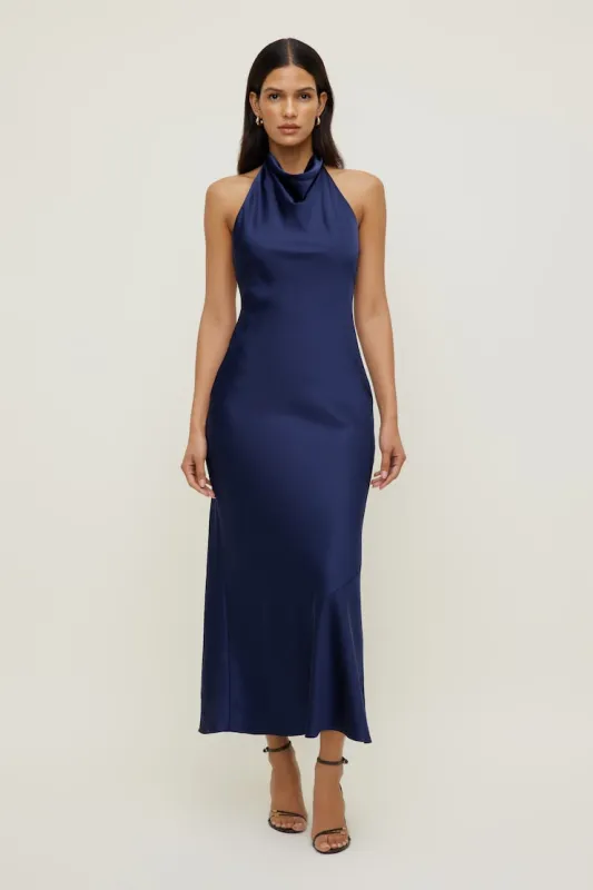 Halter Satin Maxi Slip Dress - Dynamite - Blue - Women Clothing made by Dynamite