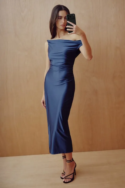 Jayde Stretch Satin Midi Dress - Dynamite - Blue - Women Clothing made by Dynamite