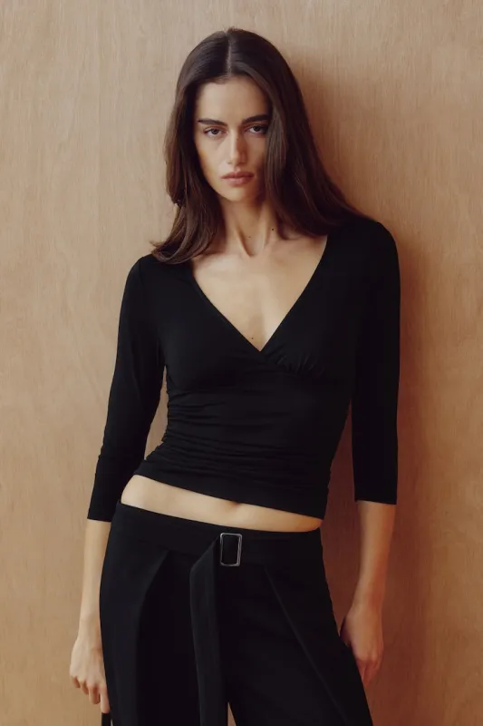 Morgan Plunge 3/4 Sleeve Top - Dynamite - Black - Women Clothing made by Dynamite