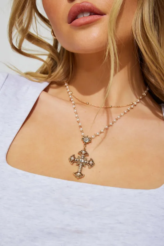 Set of 2 Pearl & Cross Rosary Necklace sold by Garage