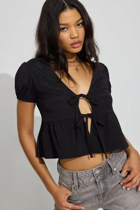Tie Front Puff Sleeve Top sold by Garage