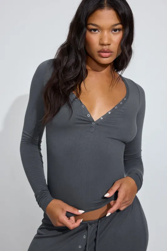 Sheer Ribbed Henley Long Sleeve Top sold by Garage