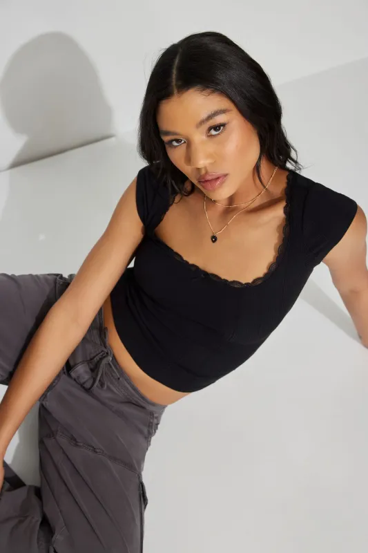 Myla Scoop Neck Lace Trim Rib Tee sold by Garage