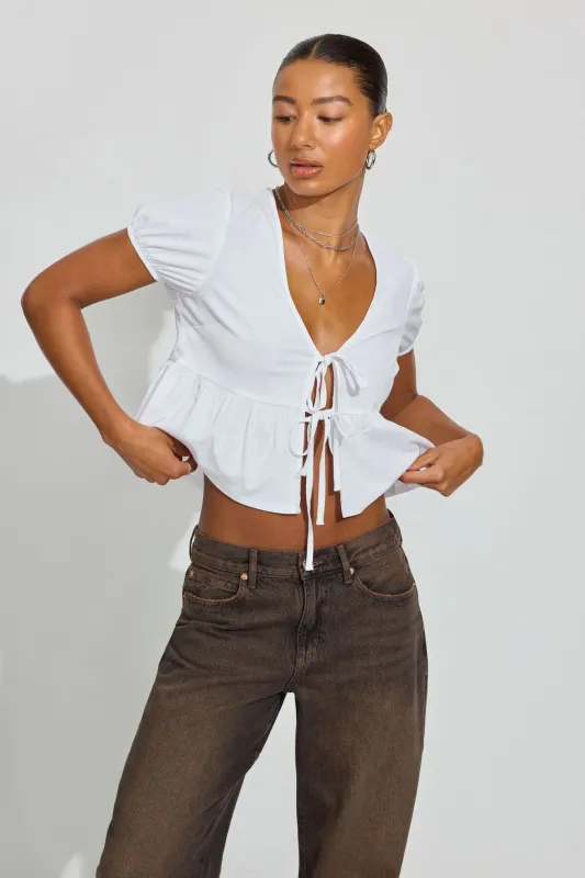 Tie Front Puff Sleeve Top sold by Garage