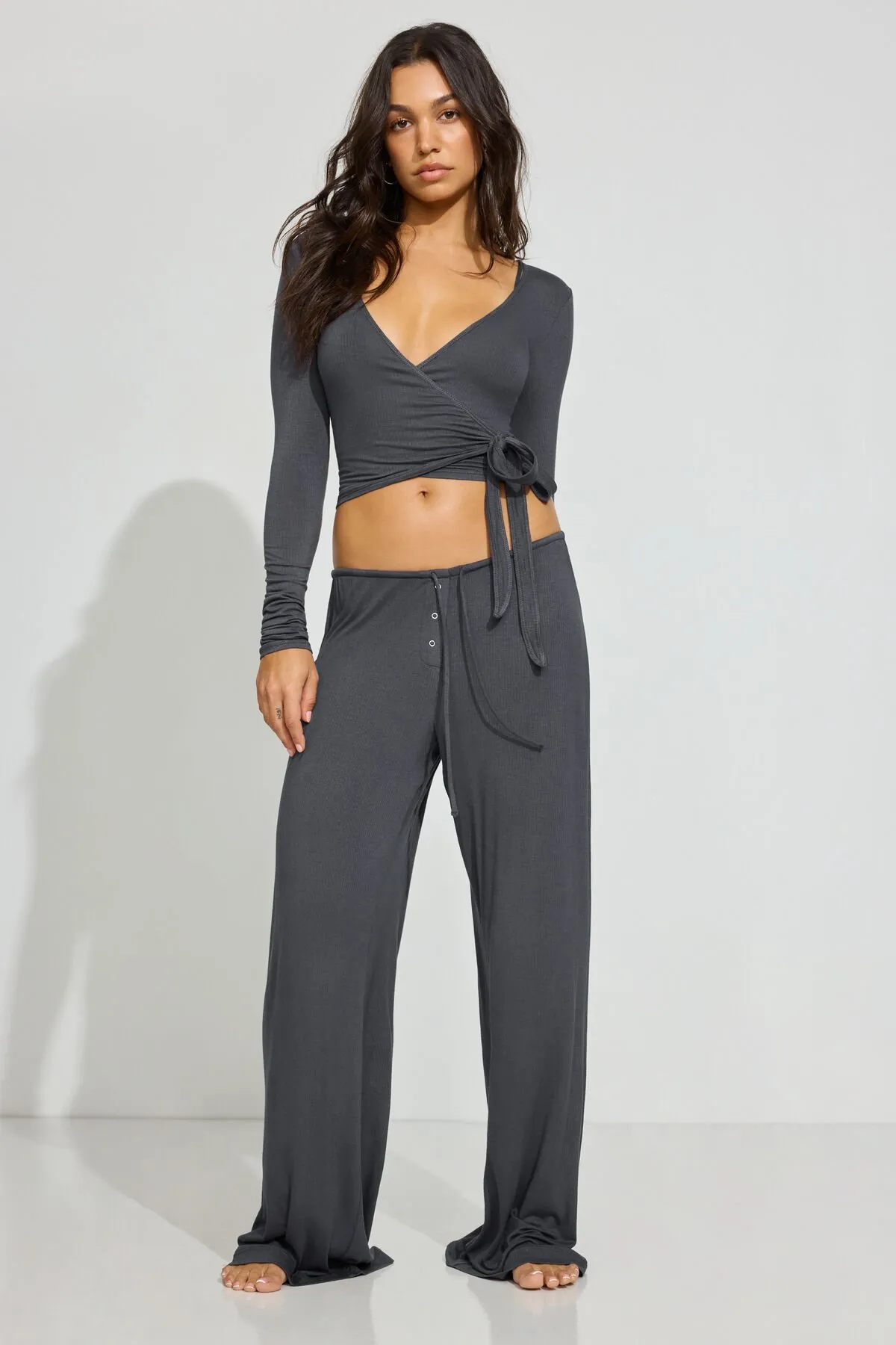 Sheer Ribbed Wrap Long Sleeve Top sold by Garage product image thumbnail 3