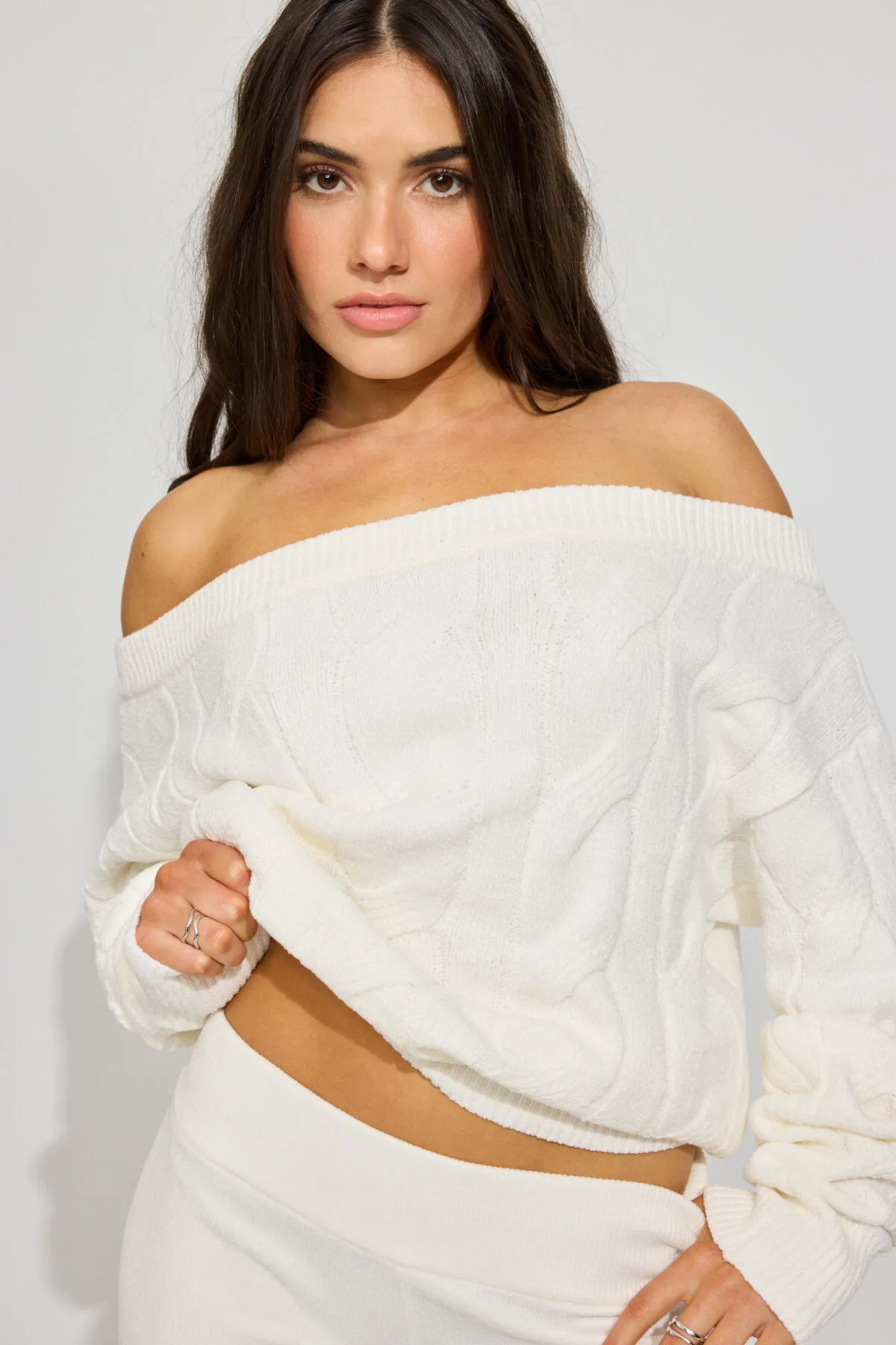 Chenille Off Shoulder Sweater sold by Garage