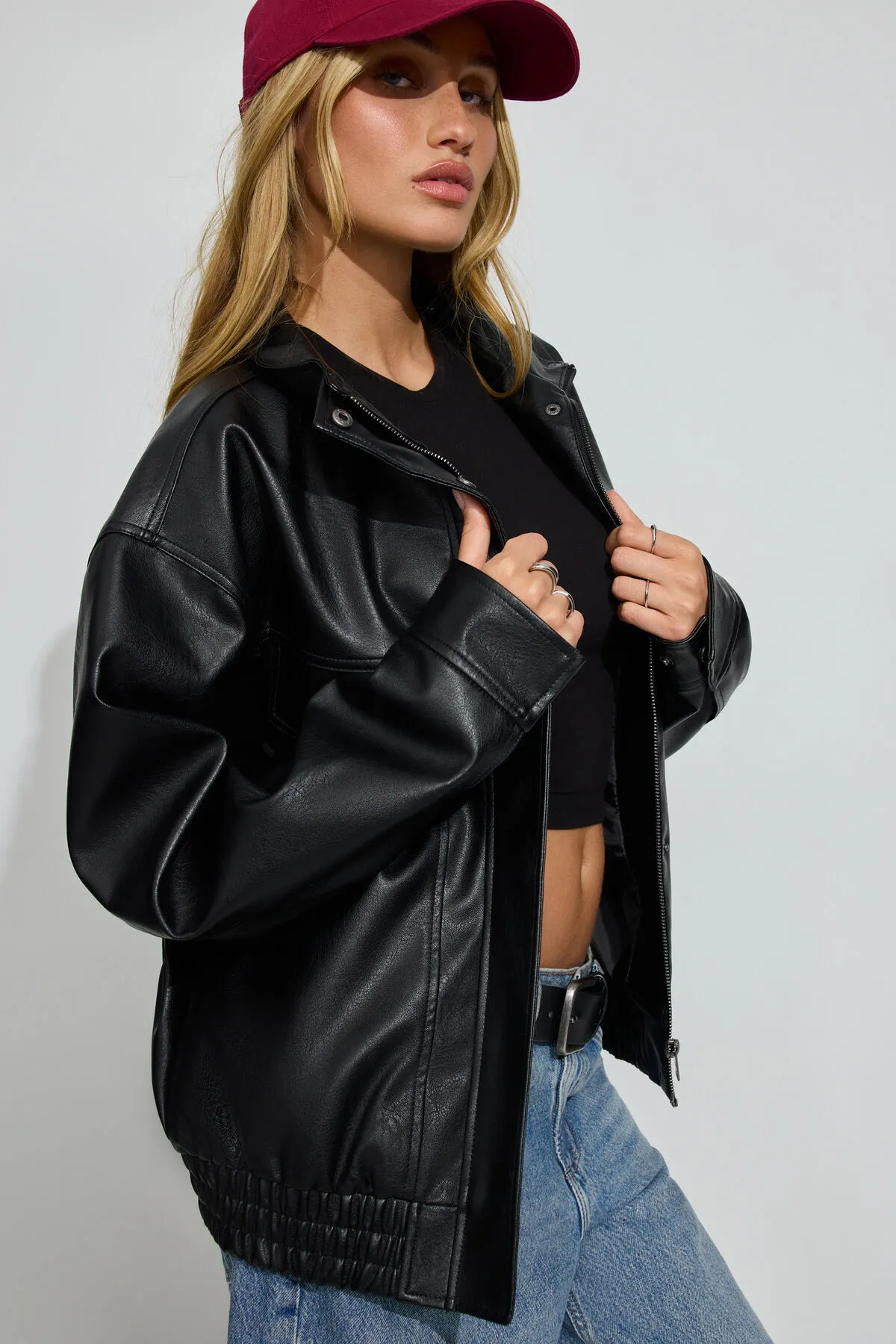 Oversized Faux Leather Stand Collar Bomber sold by Garage product image thumbnail 2