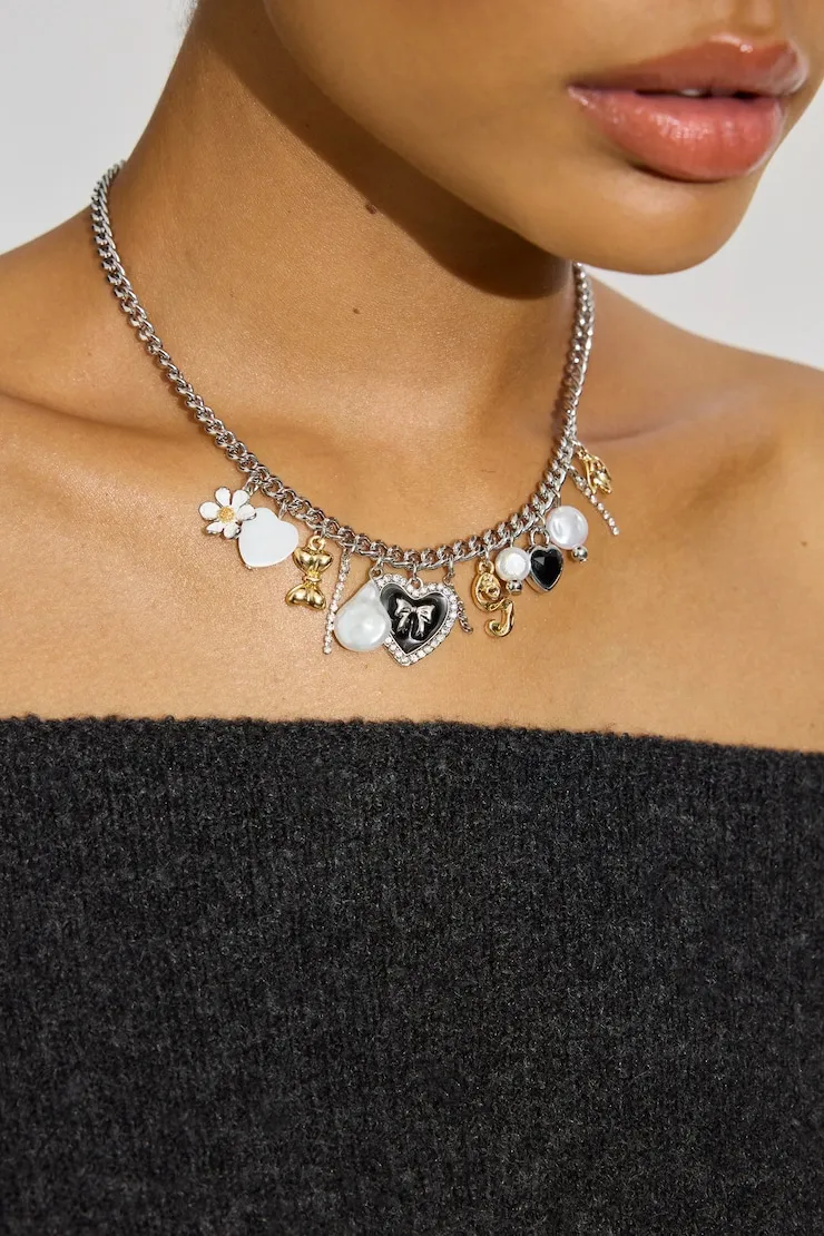 Vintage Hearts & Pearls Charm Necklace - Garage - Greys - Women Clothing sold by Garage