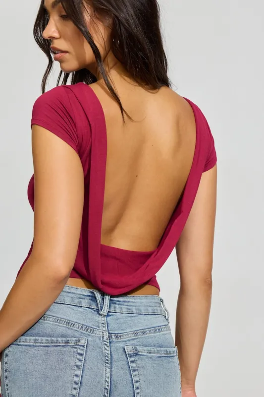Cowl Back Short Sleeve Top - Garage - Burgundy - Women Clothing made by Garage