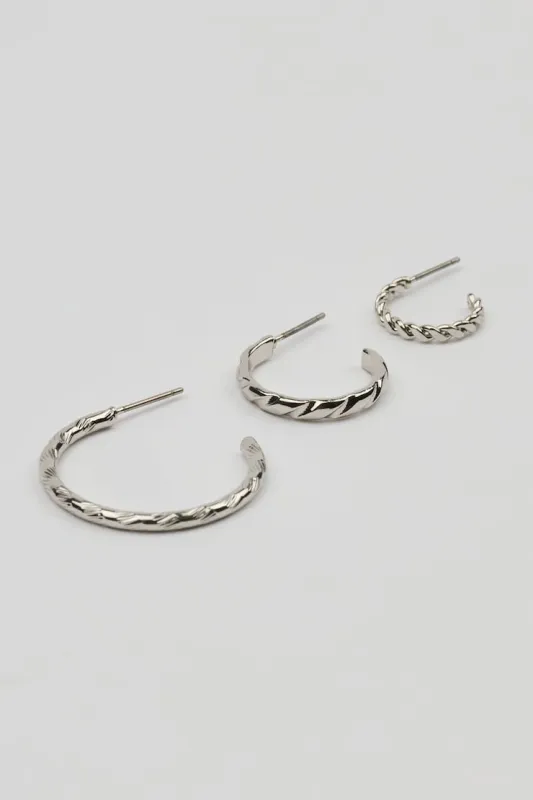 Set of 3 Textured Open Hoop Earrings - Garage - Grey - Women Clothing made by Garage
