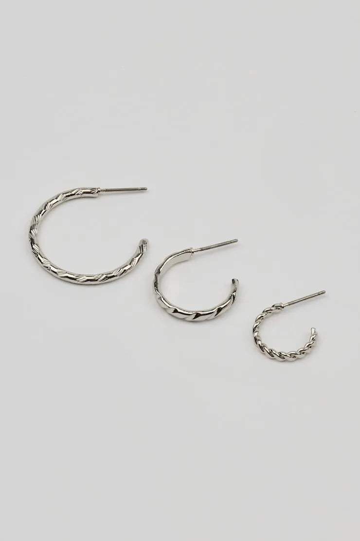 Set of 3 Textured Open Hoop Earrings - Garage - Grey - Women Clothing sold by Garage product image thumbnail 4