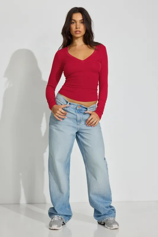 Serene Deep V-Neck Long Sleeve Top - Garage - Red - Women Clothing made by Garage