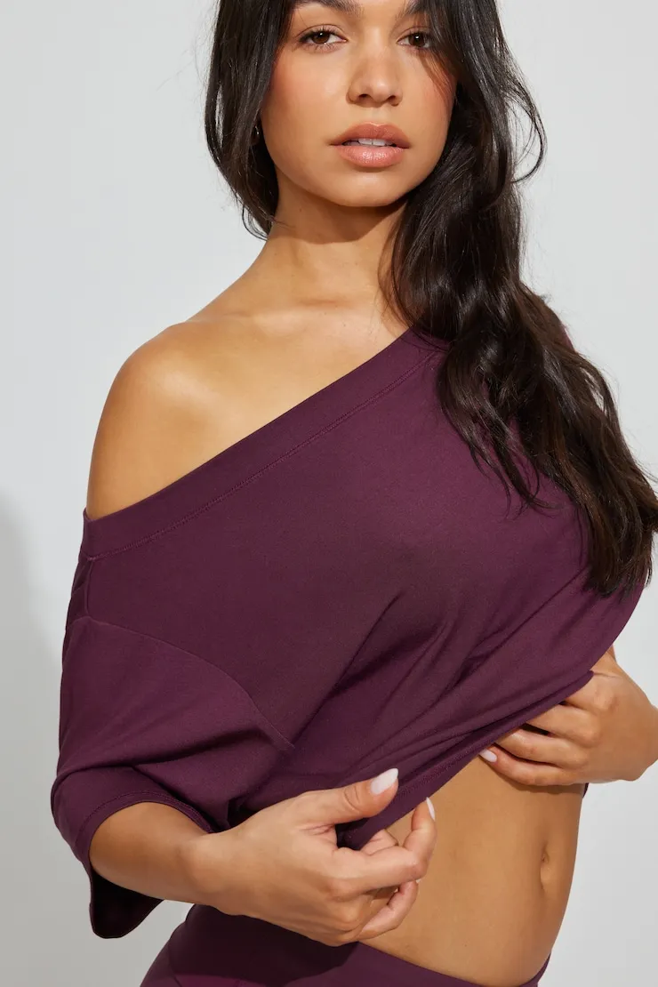 Wide Boat Neck Banded Tee - Garage - Burgundy - Women Clothing sold by Garage