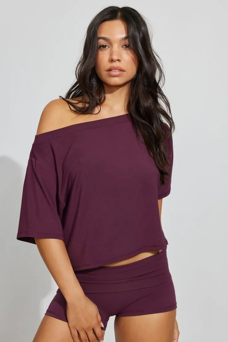 Wide Boat Neck Banded Tee - Garage - Burgundy - Women Clothing sold by Garage product image thumbnail 2