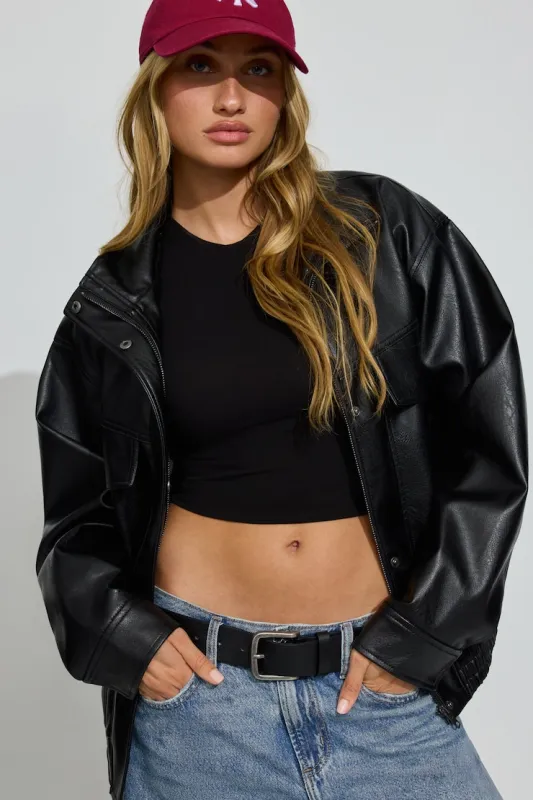Oversized Faux Leather Stand Collar Bomber - Garage - Black - Women Clothing made by Garage