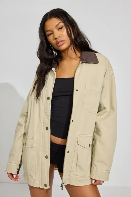 Long Twill Field Jacket - Garage - Beige - Women Clothing made by Garage