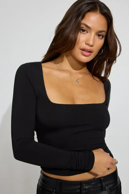 Smooth Open Neck Long Sleeve Tee - Garage - Black - Women Clothing made by Garage