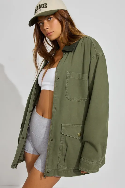 Long Twill Field Jacket - Garage - Green - Women Clothing made by Garage