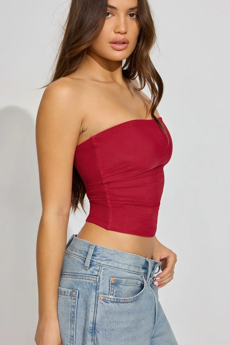 Mesh Ruched Tube Top - Garage - Red - Women Clothing sold by Garage
