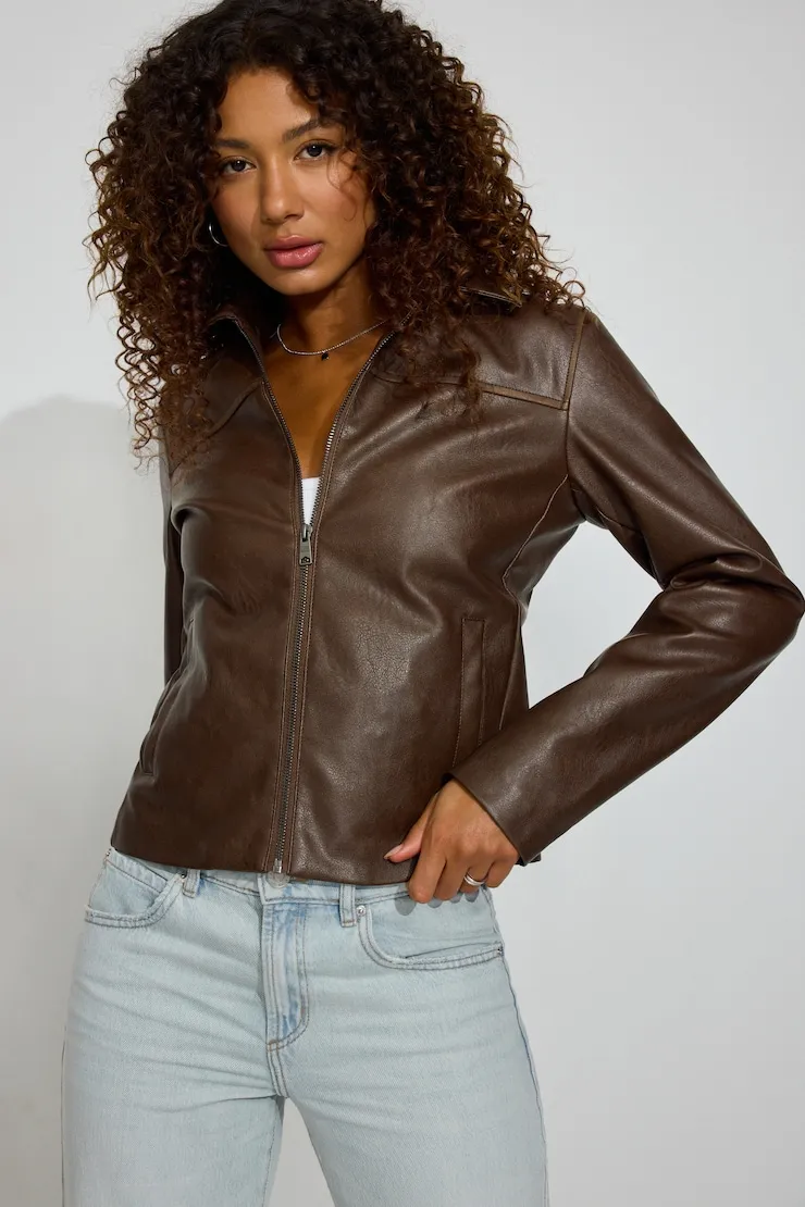 Faux Leather Worker Jacket - Garage - Brown - Women Clothing sold by Garage product image thumbnail 4