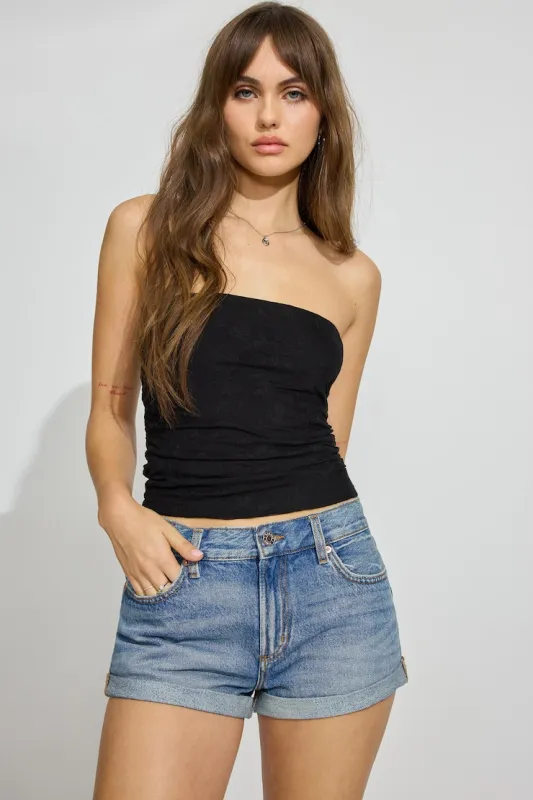 Low Rise Cuffed Denim Shorts - Garage - Blue - Women Clothing made by Garage