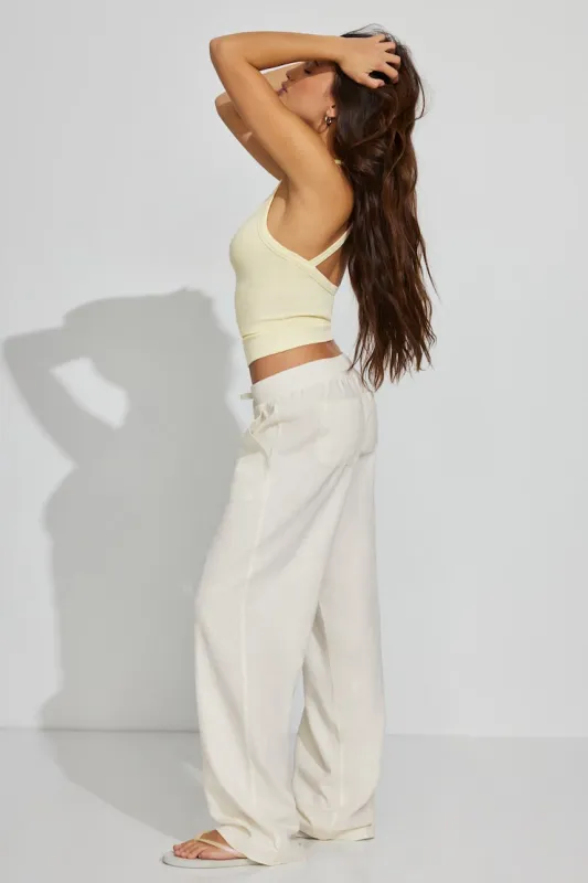 Linen Ribbed Waistband Pull-On Pants - Garage - White - Women Clothing made by Garage