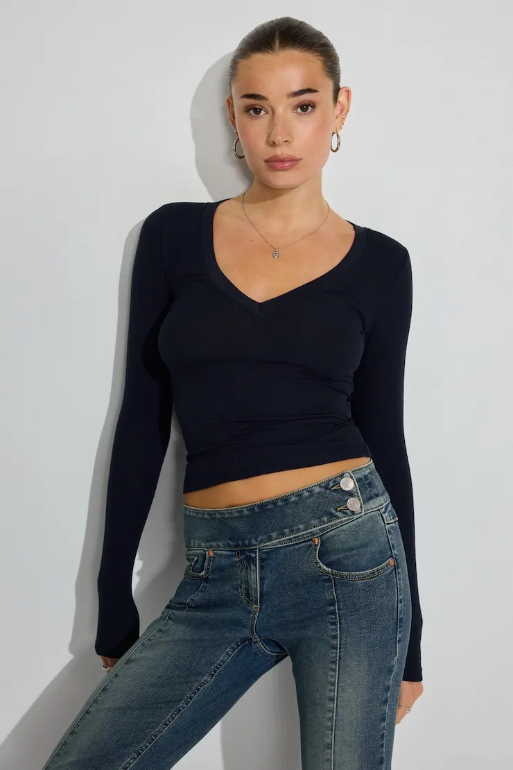 Serene Deep V-Neck Long Sleeve Top - Garage - Navy - Women Clothing sold by Garage